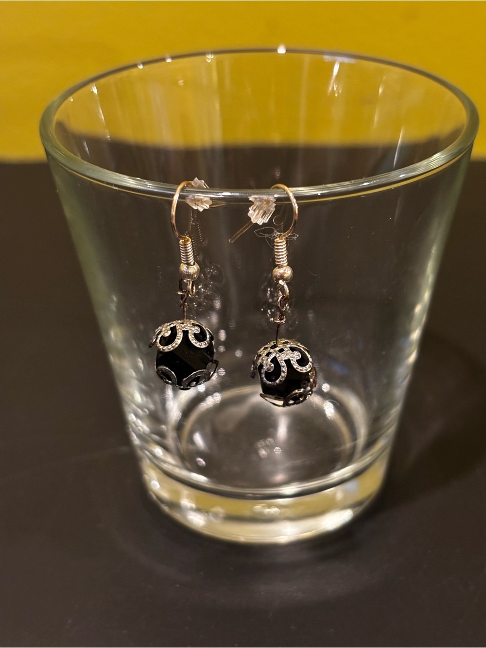 Elegant Black Bead Drop Earrings with Silver Filigree
